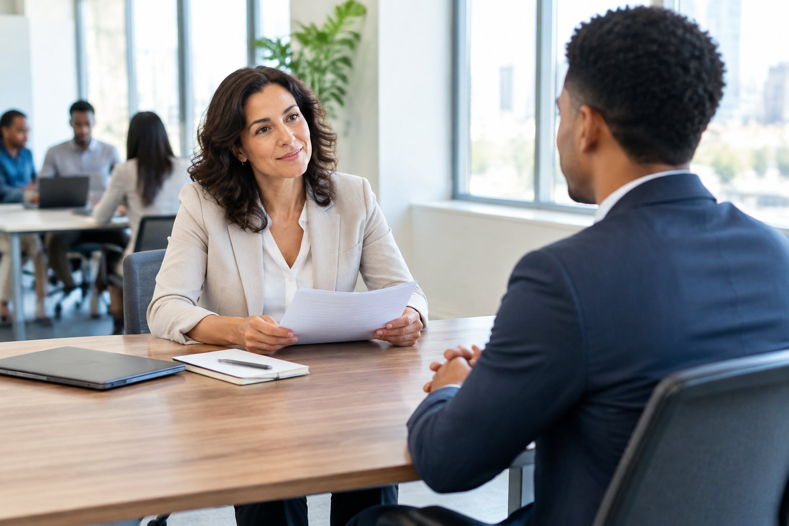 A hiring professional reviews résumés while speaking with a job applicant across a conference table.
