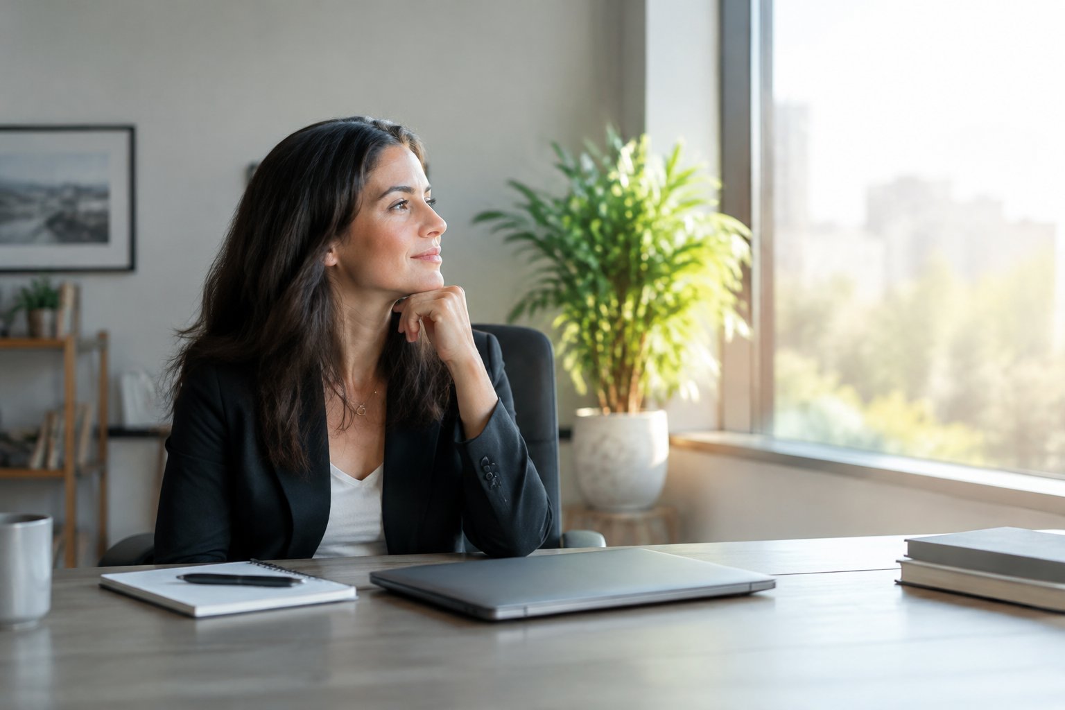 A professional sits thoughtfully at a desk beside a bright window.