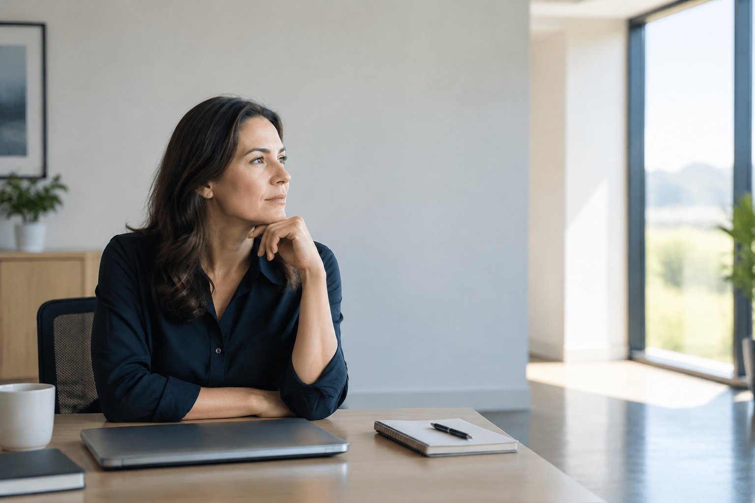 A professional pauses at a desk and looks toward a bright office window.