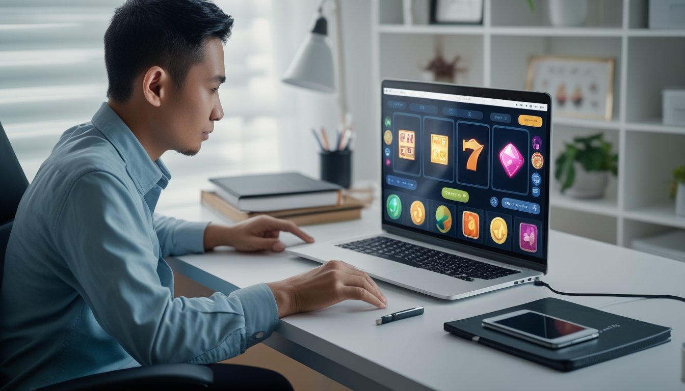 Seorang dewasa mempelajari permainan slot daring di laptop dengan buku catatan di meja.