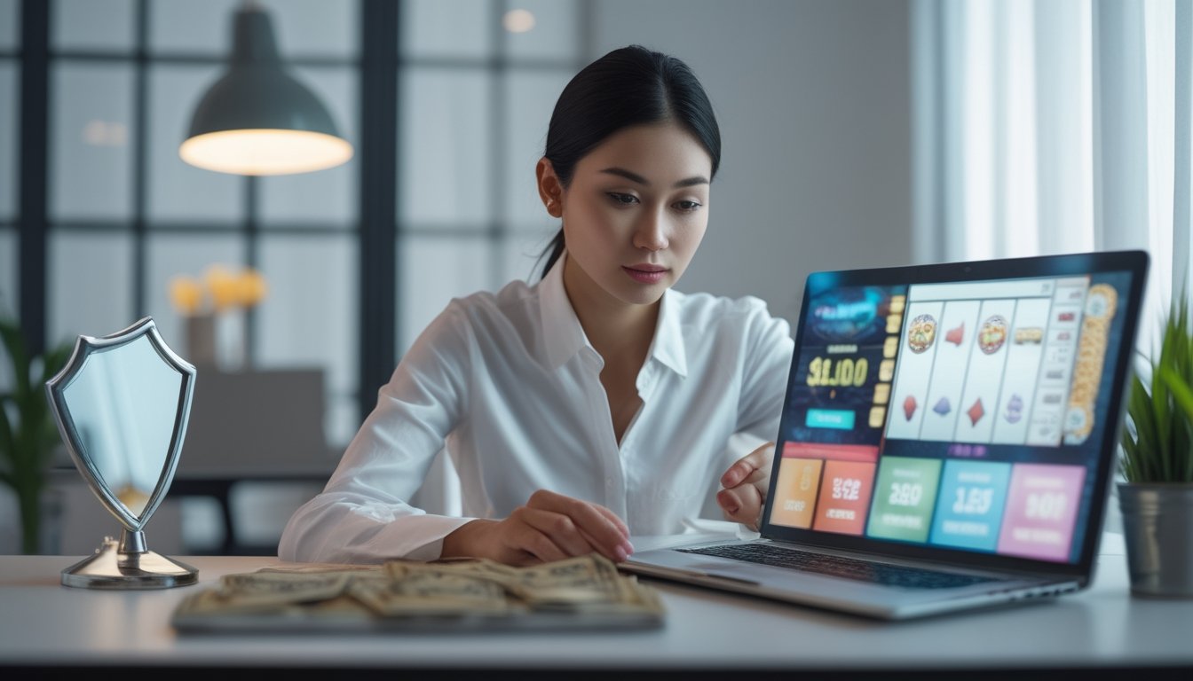 Seseorang memeriksa tampilan permainan slot di laptop dengan cermat.
