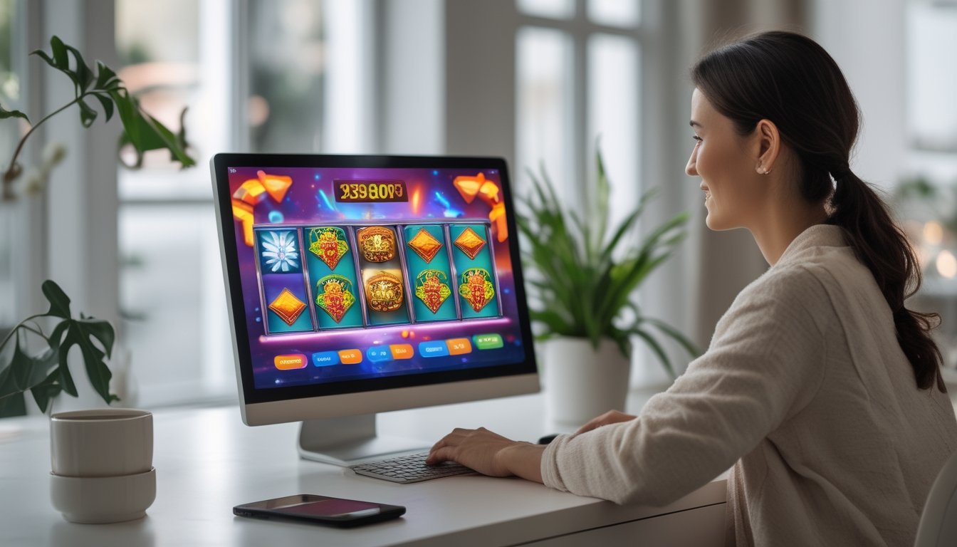 Seseorang melihat permainan slot di laptop dengan ponsel di meja.