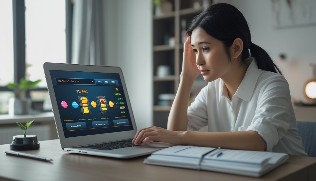 Seorang pemula mempelajari permainan slot di laptop sambil mencatat di meja.