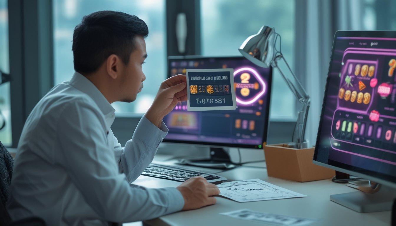 Seorang pemain memeriksa dokumen verifikasi sambil melihat antarmuka permainan slot di laptop.