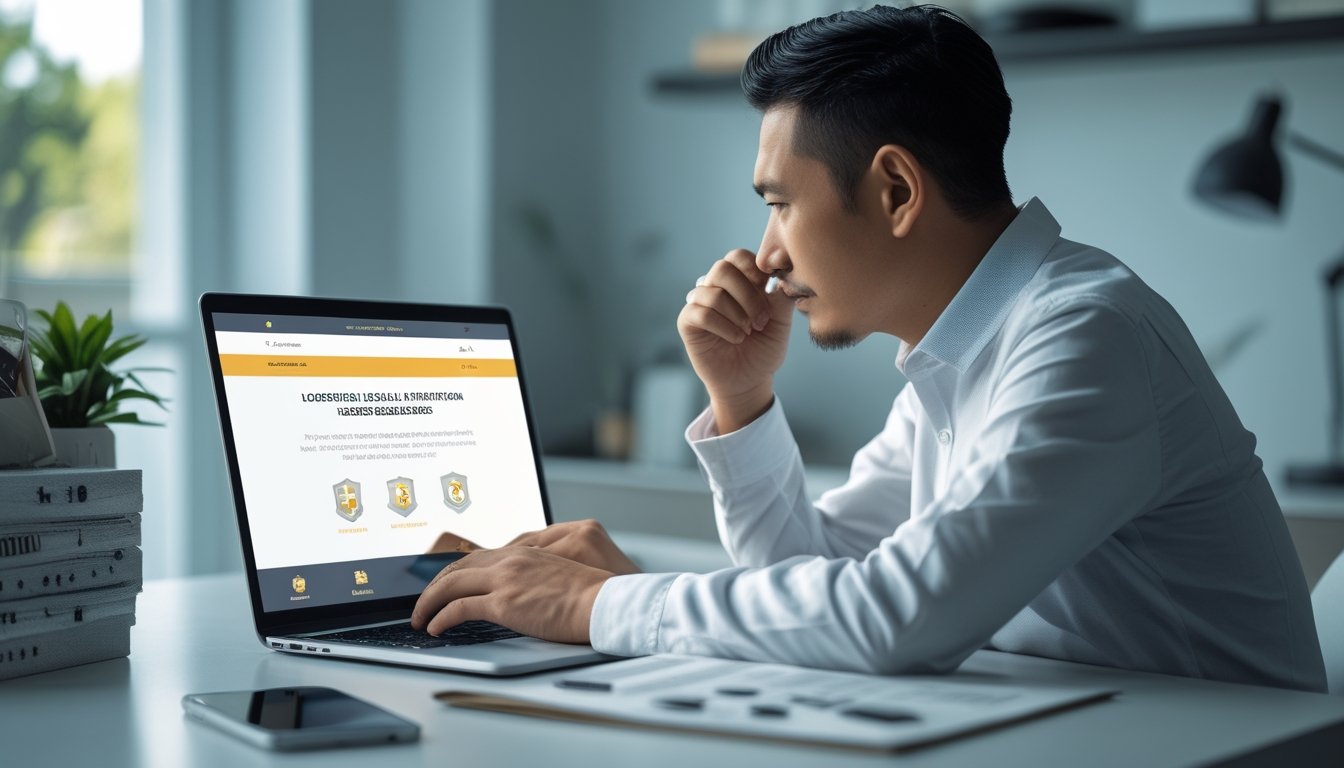 Seorang pengguna memeriksa situs di laptop dengan simbol keamanan di layar.