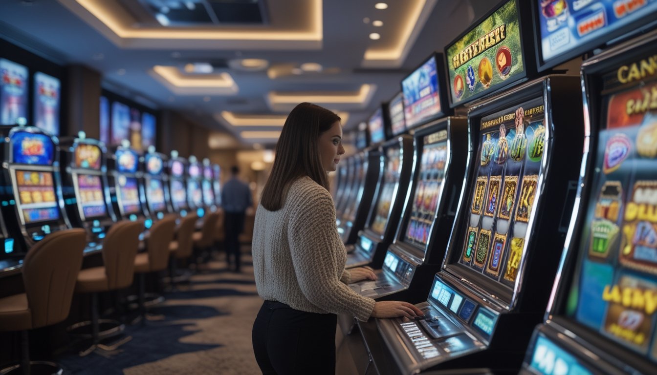 Pengunjung melihat berbagai permainan slot digital di ruang permainan modern.