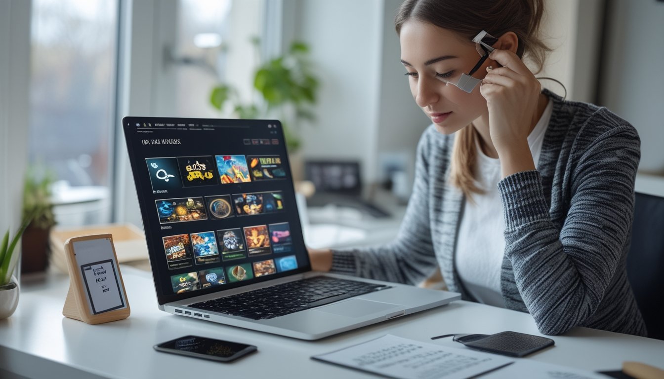Seseorang memeriksa platform permainan digital di laptop dengan bantuan daftar periksa.