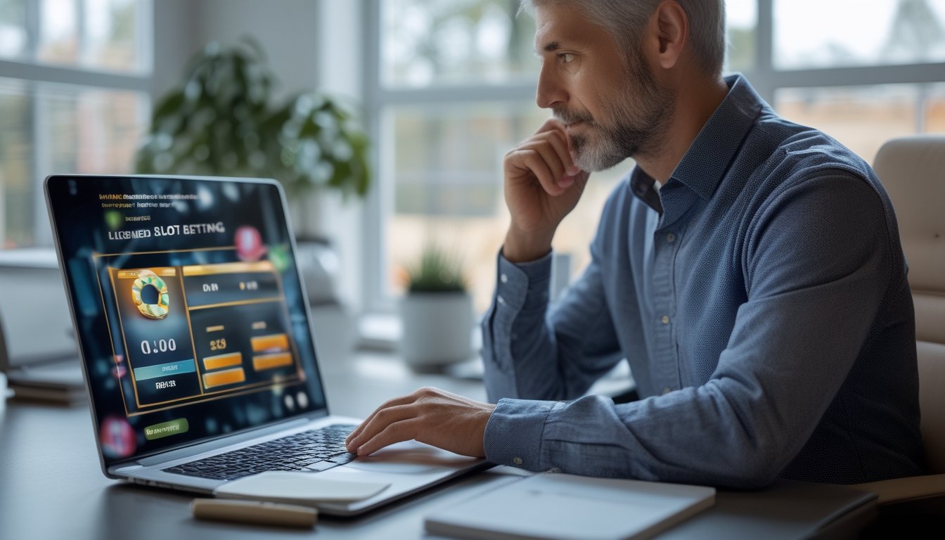 Seseorang mempelajari informasi tentang taruhan slot online melalui laptop.