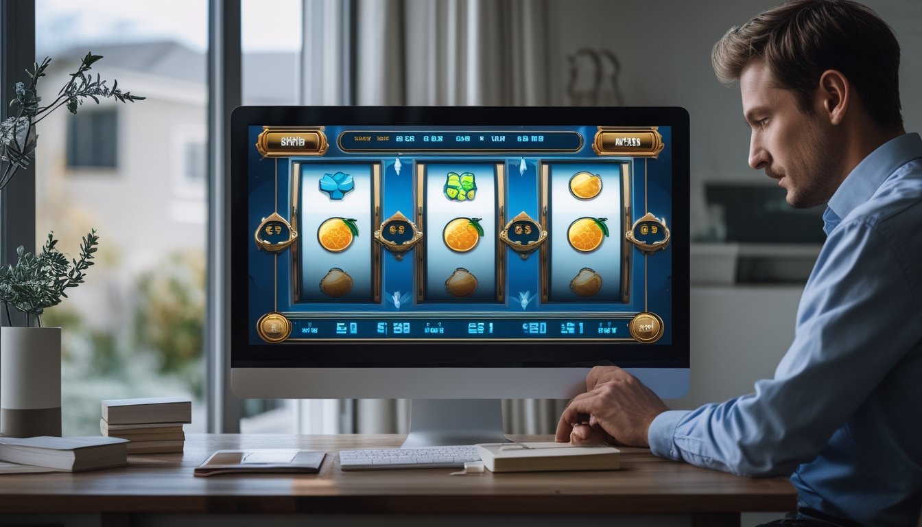 Seseorang mempelajari permainan slot di komputer sambil mencatat aturan taruhan.