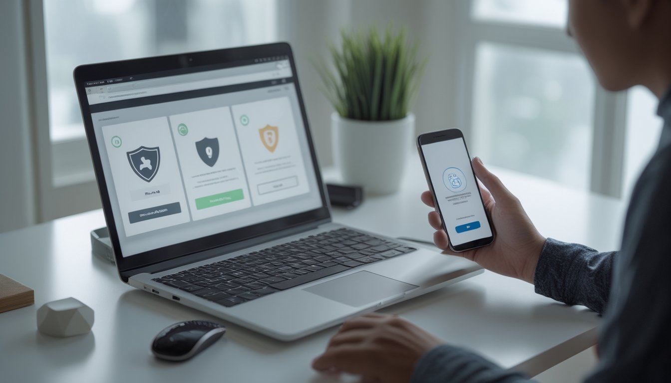 Seseorang memeriksa keamanan platform daring menggunakan laptop dan ponsel.