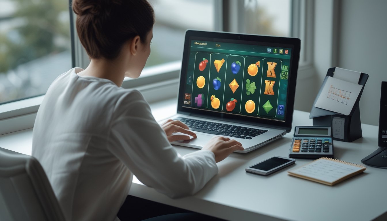 Seseorang dewasa melihat tampilan permainan slot di laptop sambil duduk di meja.