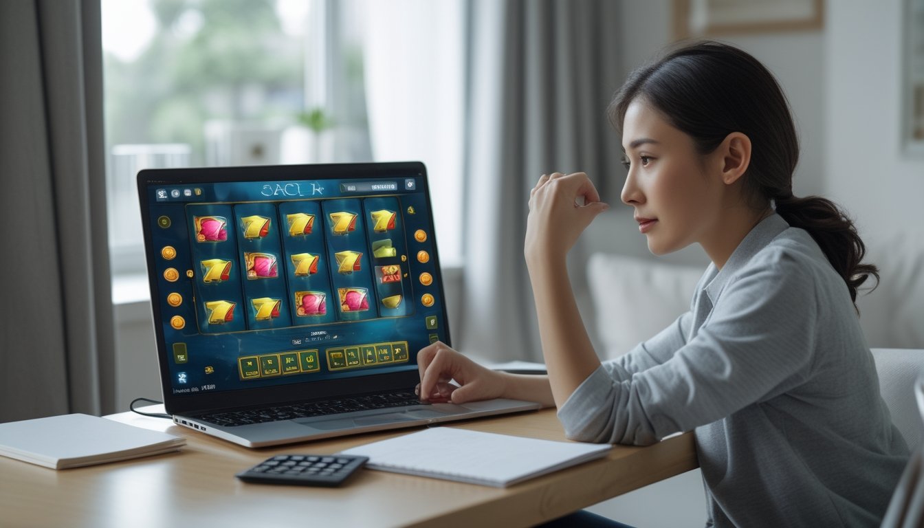 Seseorang mengamati permainan slot di laptop dengan kalkulator dan buku catatan di meja.