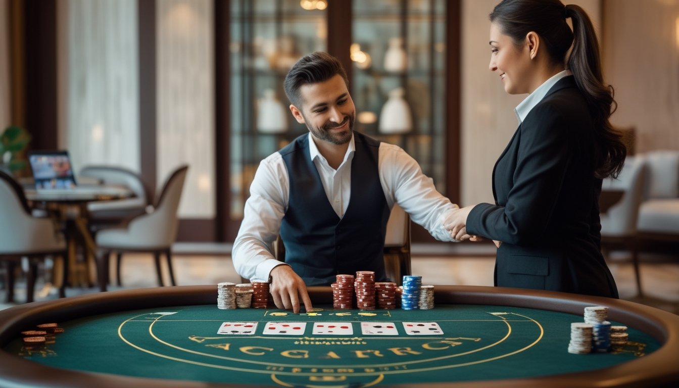 Seorang pemain pemula belajar baccarat dari dealer di meja permainan.