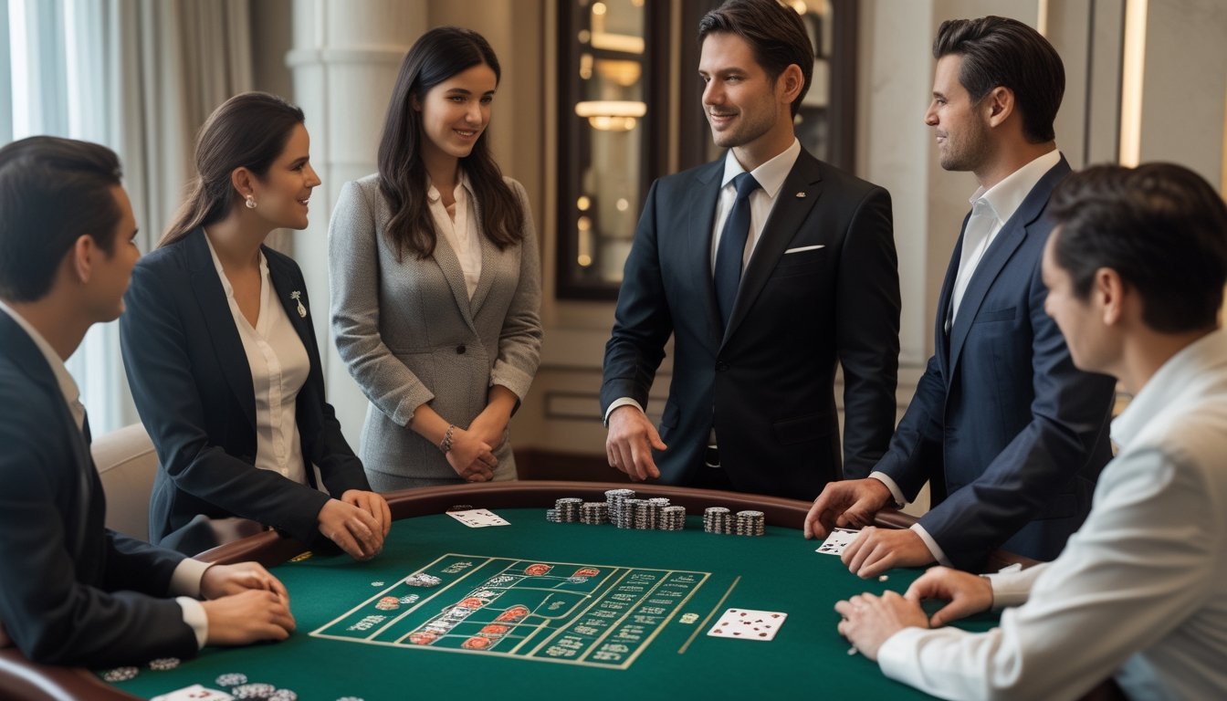 Seorang dealer menjelaskan permainan baccarat kepada pemain pemula di meja kartu.