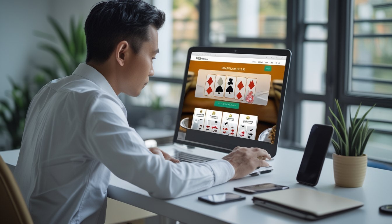 Seseorang memeriksa situs baccarat di laptop dengan ponsel di meja.