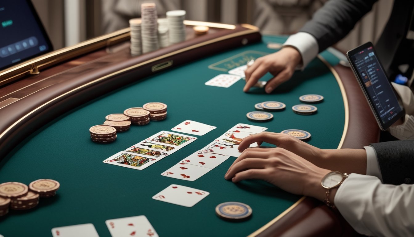 Meja baccarat dengan kartu, keping taruhan, dan perangkat digital.