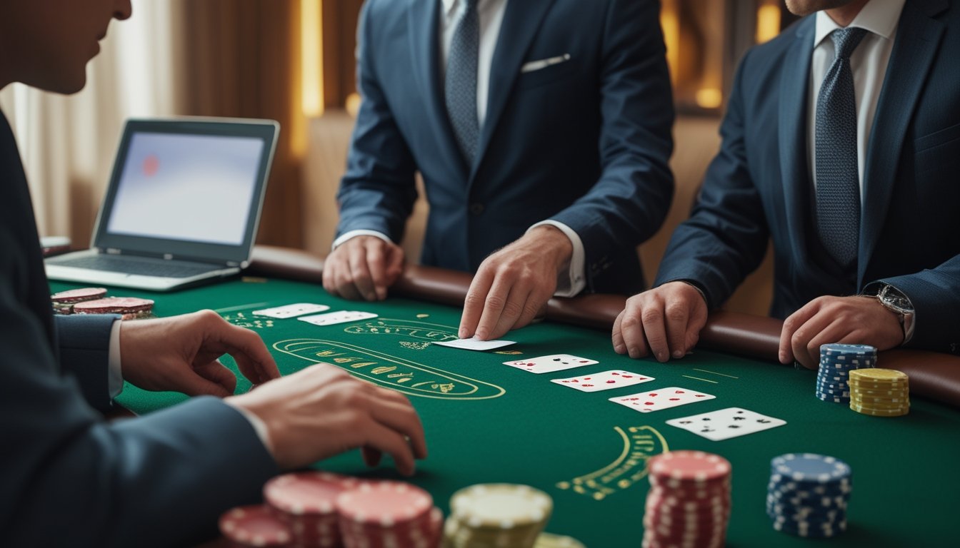 Seorang dealer membagikan kartu baccarat di meja hijau sementara dua pemain memperhatikan.