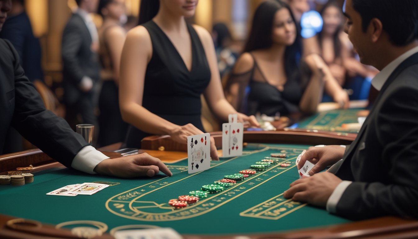 Seorang pemain pemula memperhatikan dealer menjelaskan permainan baccarat di meja kasino.
