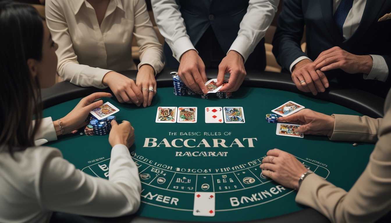 Seorang dealer membagikan kartu baccarat kepada dua pemain di meja permainan.