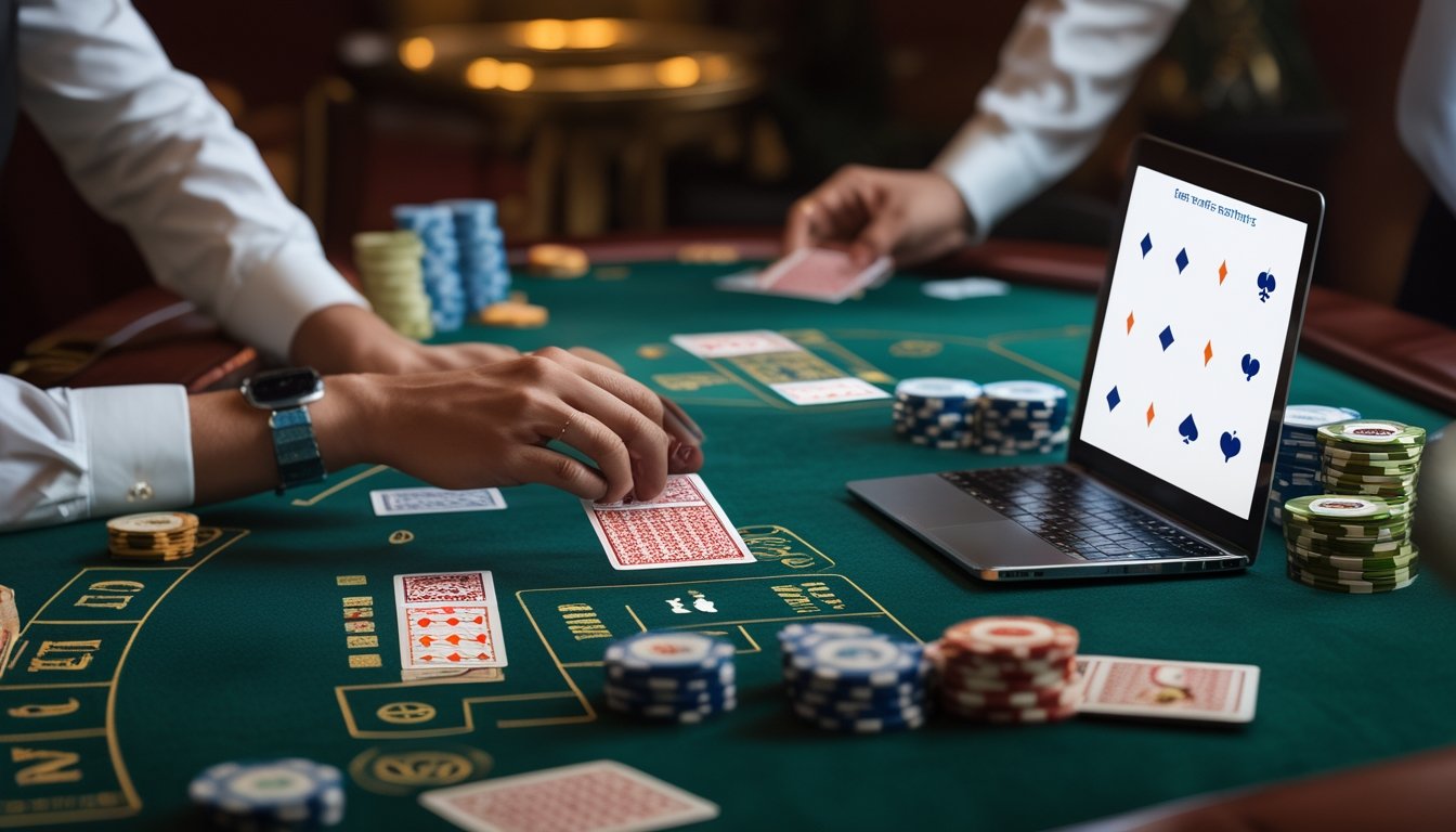 Kartu baccarat dan keping taruhan tersusun di meja, dengan perangkat digital di sampingnya.