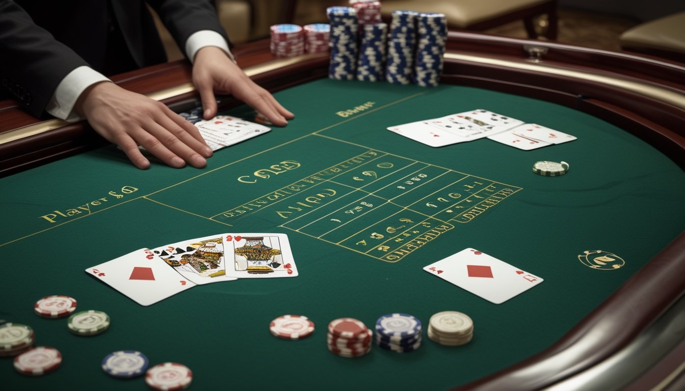 Kartu dan keping taruhan tersusun di atas meja baccarat.