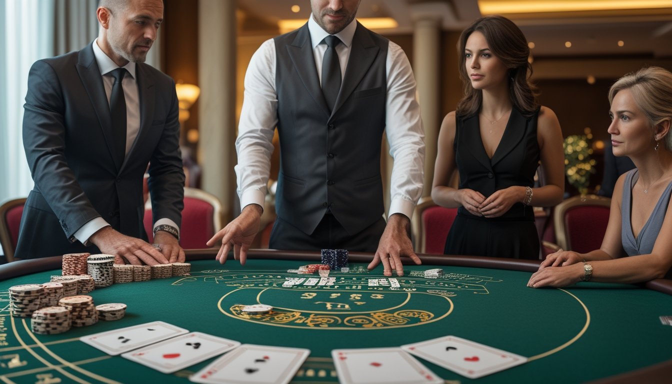 Dealer menjelaskan aturan baccarat kepada dua pemain di meja kasino.