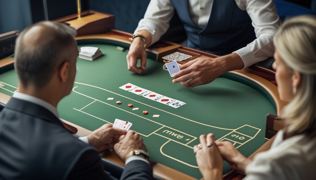 Seorang dealer membagikan kartu baccarat kepada pemain di meja permainan.