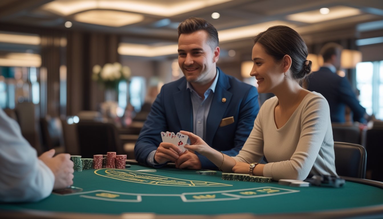 Seorang pemula belajar bermain blackjack bersama dealer di meja kartu.