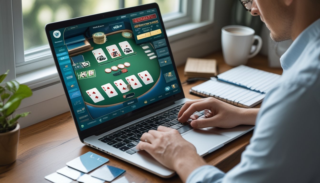 Seseorang mempelajari permainan blackjack melalui laptop di meja.