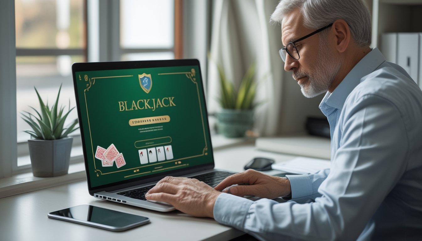 Seseorang memeriksa situs blackjack di laptop dengan ikon keamanan di layar.