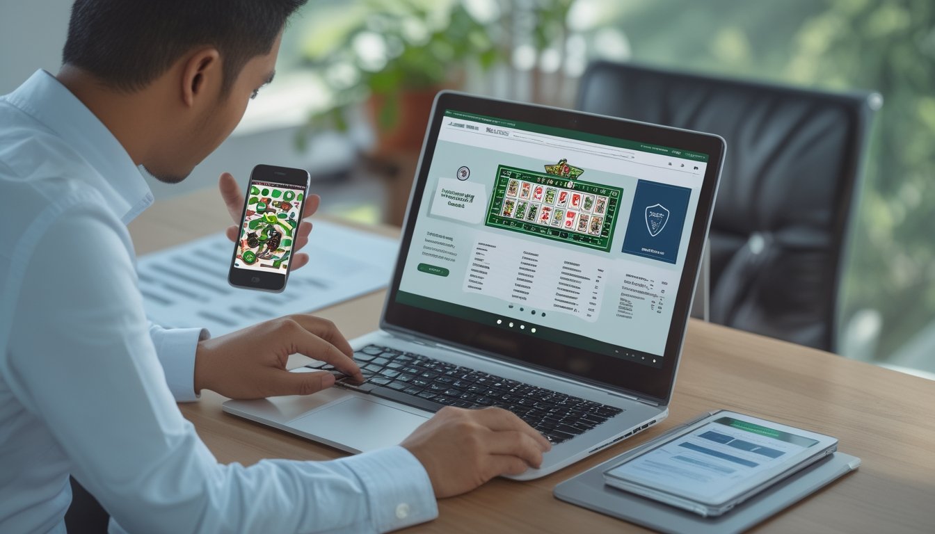 Seorang profesional memeriksa situs blackjack di laptop sambil membandingkan dokumen verifikasi.