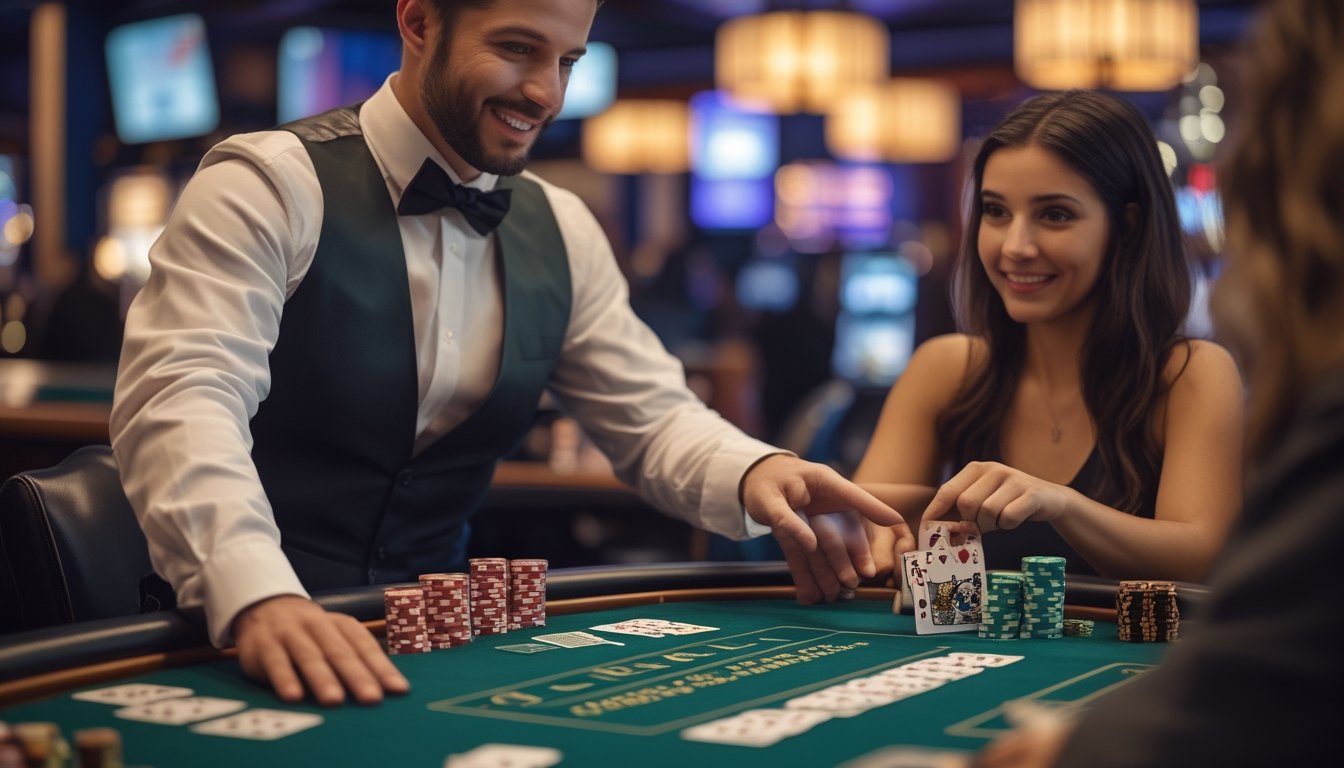 Seorang dealer mengajarkan permainan blackjack kepada pemain pemula di meja kasino.