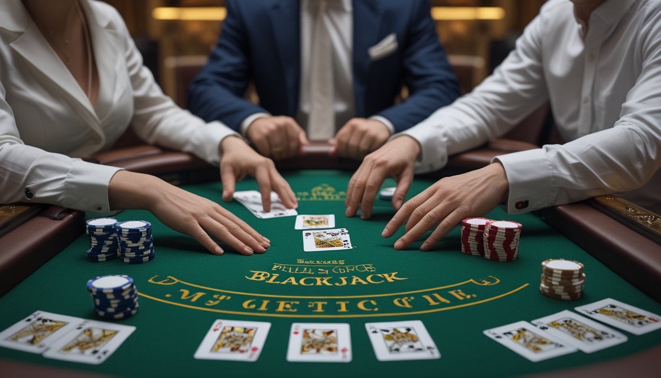 Seorang pemain pemula belajar blackjack bersama dealer di meja kartu.
