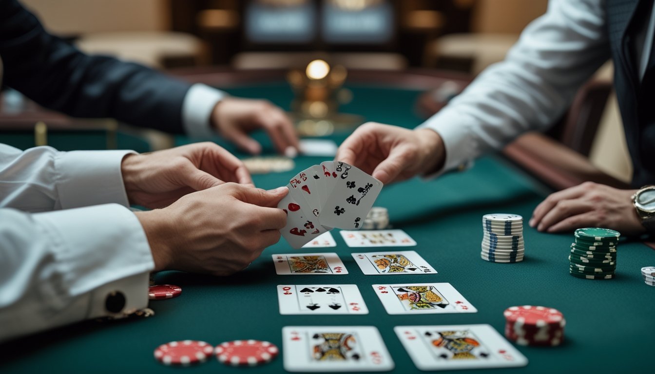 Dealer dan pemain menata kartu serta keping di meja blackjack.
