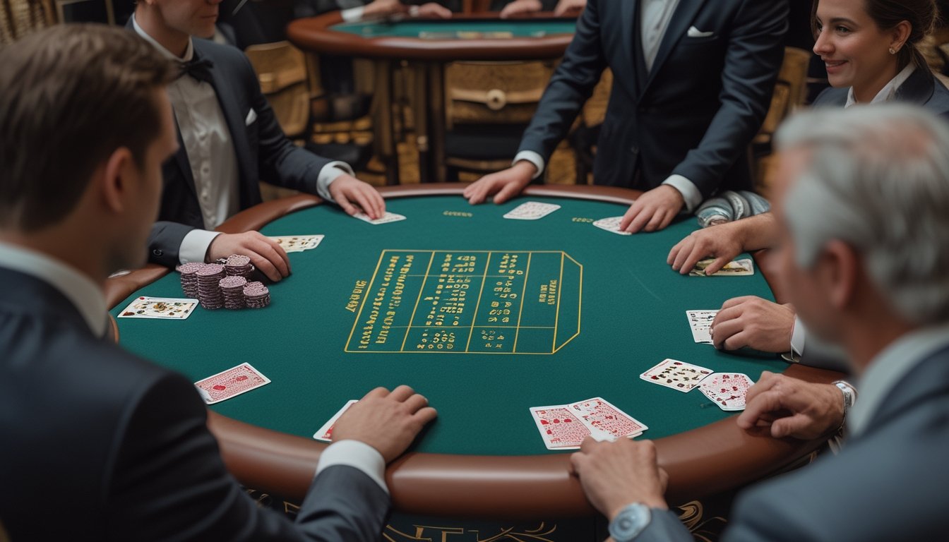 Dealer membagikan kartu kepada para pemain blackjack yang duduk mengelilingi meja.