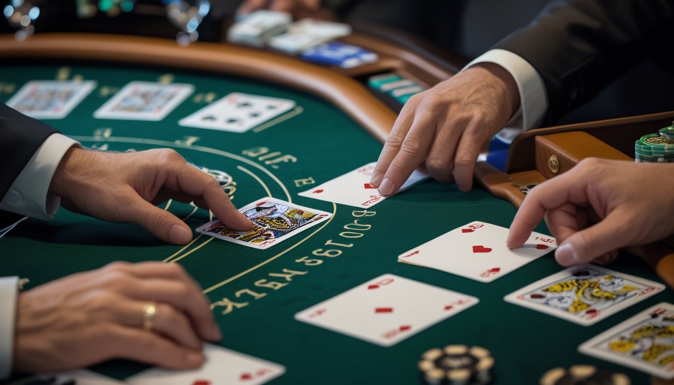 Dealer dan pemain sedang bermain blackjack di meja kasino.