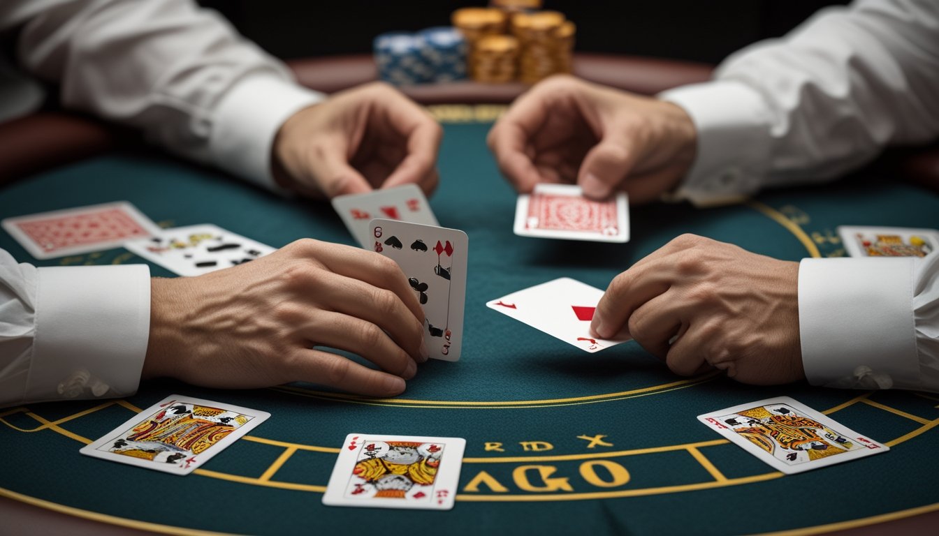Tangan pemain dan dealer mengatur kartu blackjack di atas meja.