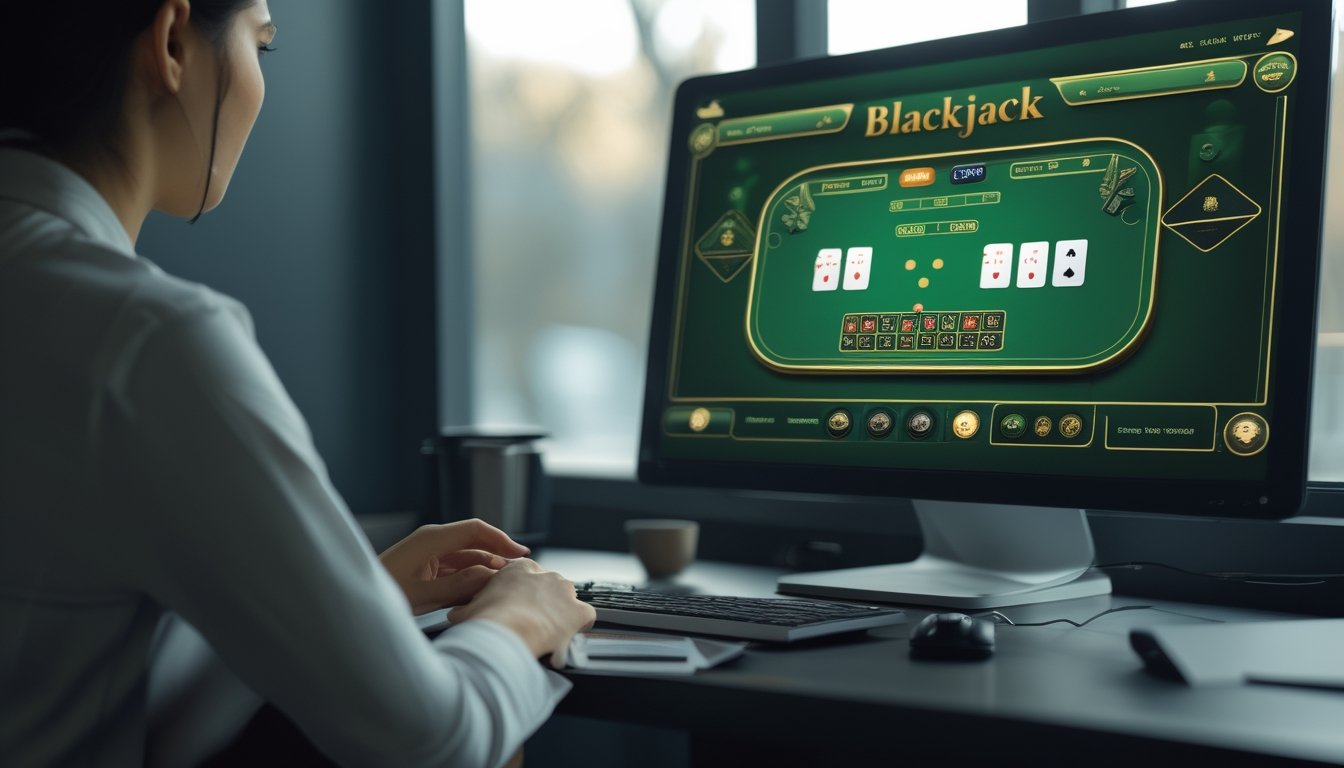 Seseorang mempelajari permainan blackjack daring di komputer dengan kartu, chip, dan bagan strategi.