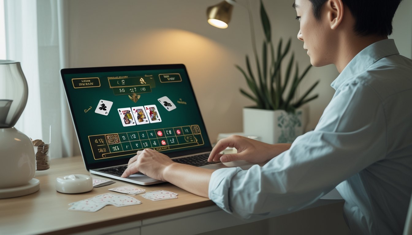 Seseorang mempelajari permainan blackjack di laptop dengan kartu dan keping di atas meja.