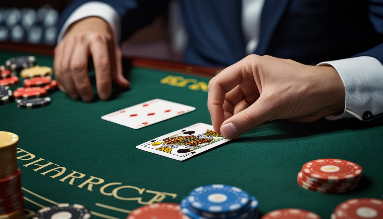 Tangan pemain dan bandar menata kartu blackjack serta tumpukan chip di atas meja hijau.