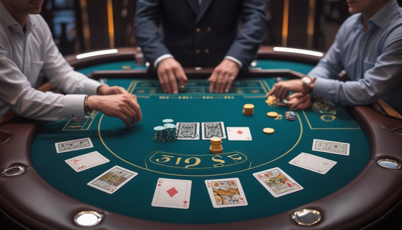 Dealer membagikan kartu blackjack kepada para pemain di meja kasino.
