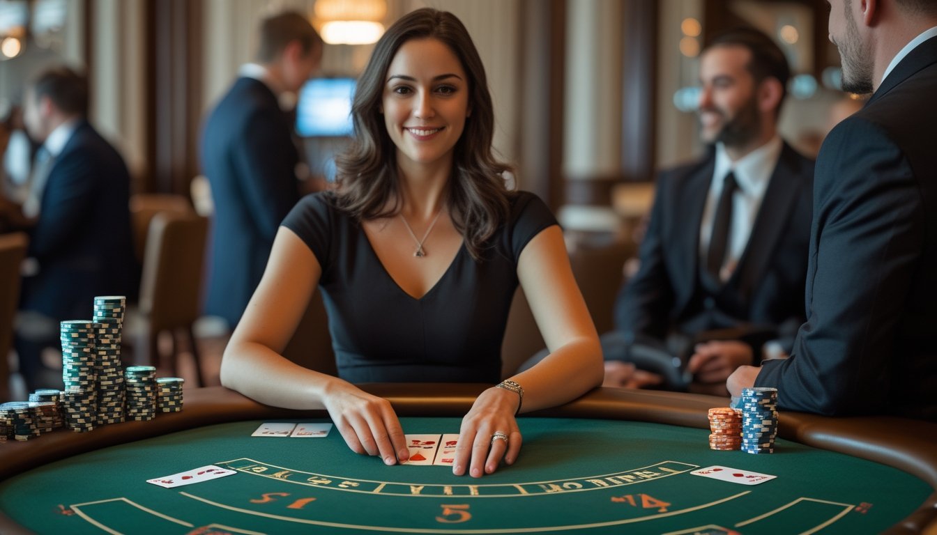Seorang pemain pemula belajar blackjack dari bandar di meja kasino.