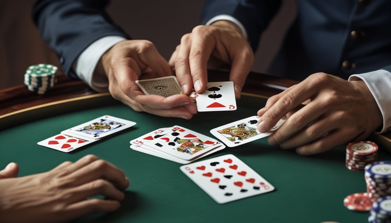 Tangan pemain dan bandar menyusun kartu blackjack di atas meja hijau.