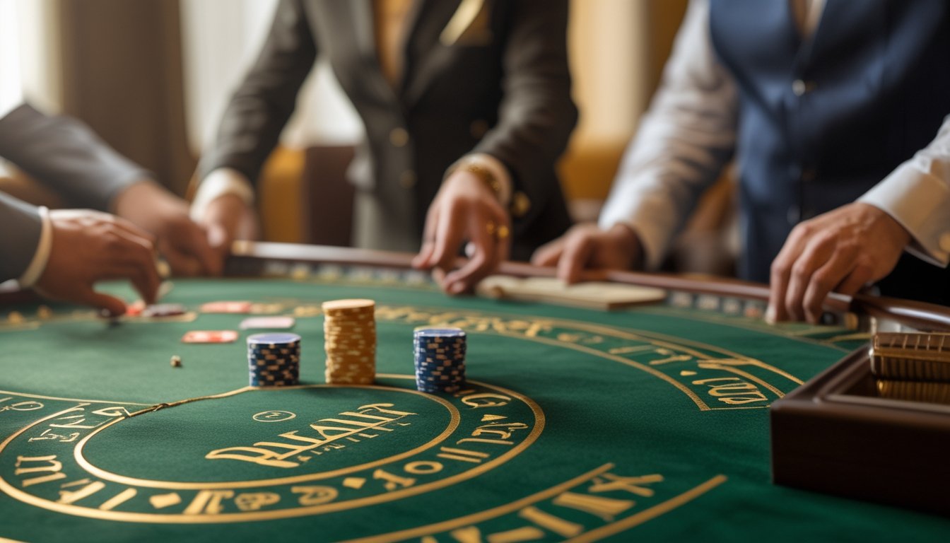 Seorang dealer membimbing dua pemain dewasa di meja baccarat dengan kartu dan keping taruhan.
