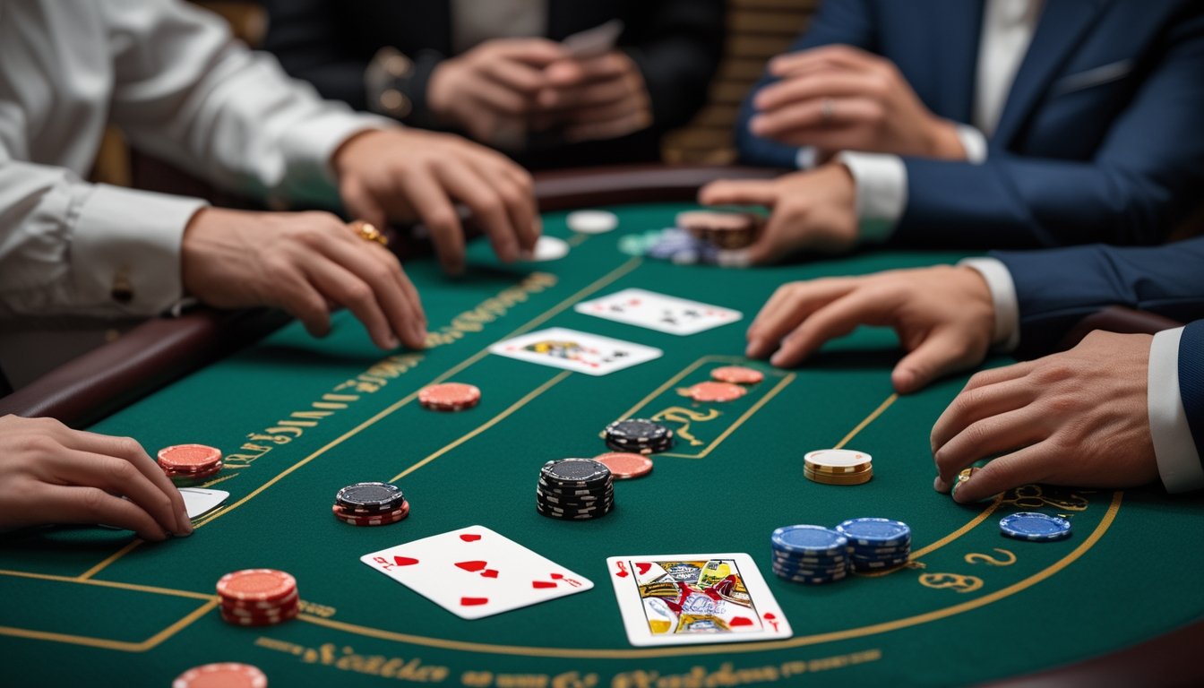 Seorang dealer membagikan kartu baccarat di meja, sementara dua pemain memperhatikan.