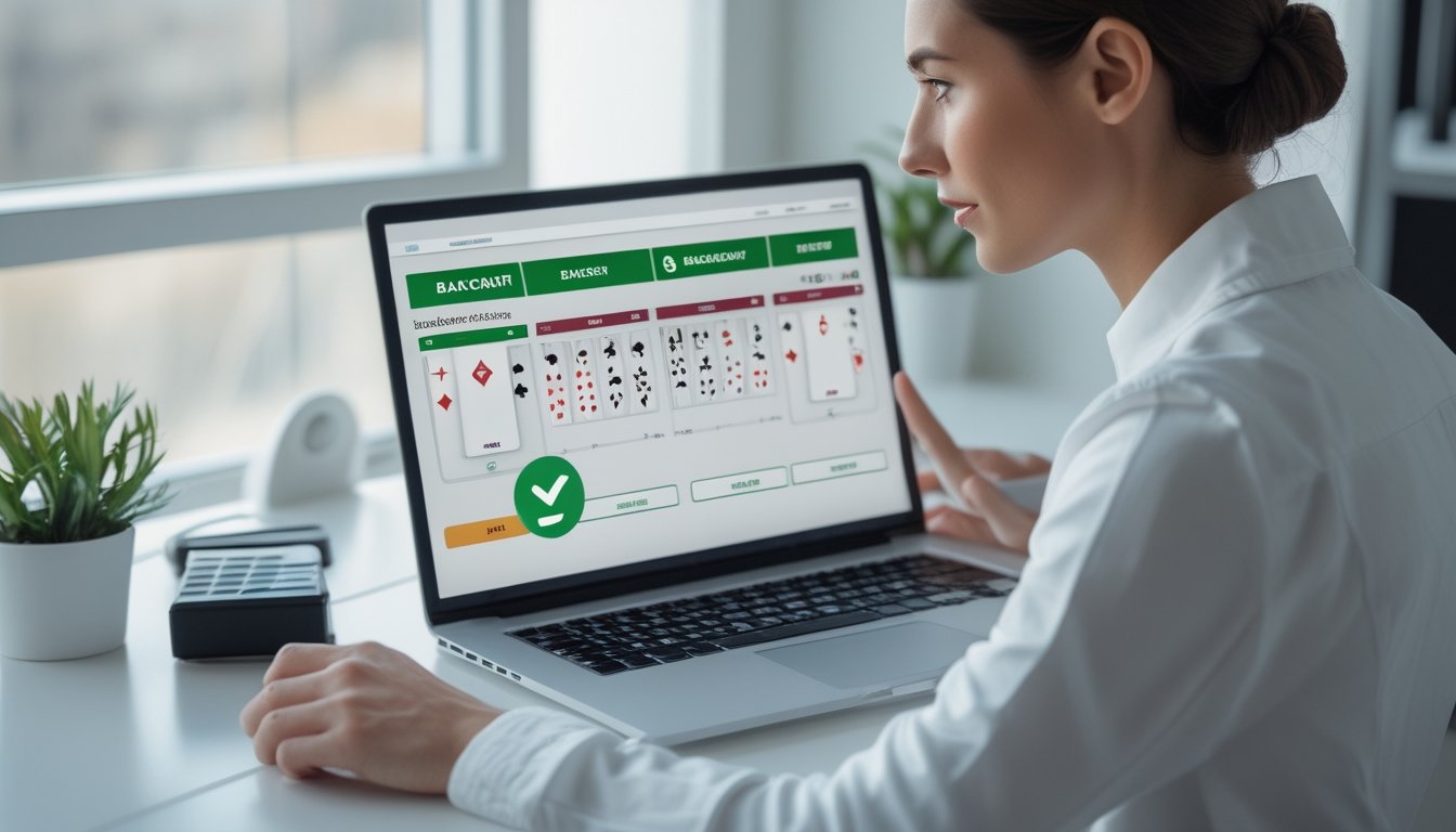 Seseorang memeriksa tampilan permainan baccarat di laptop dengan simbol keamanan.