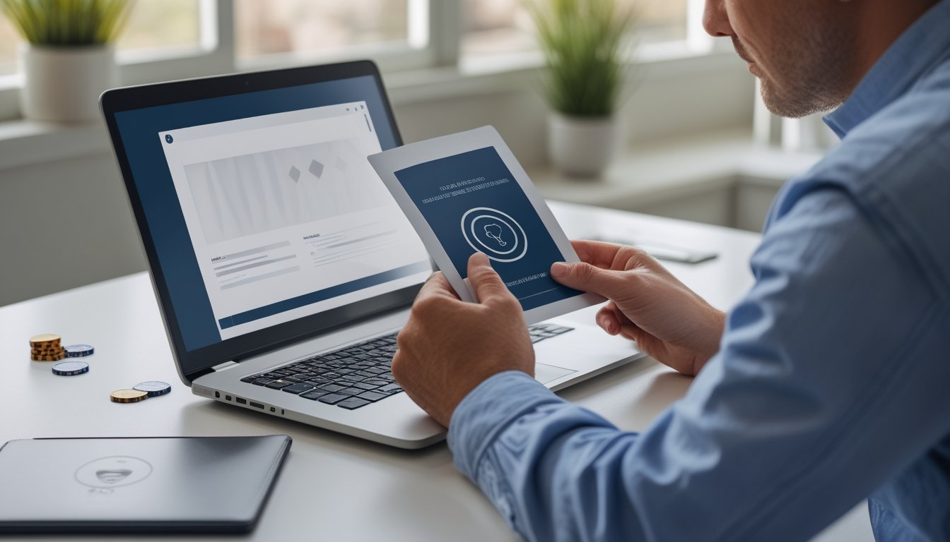 Seseorang memeriksa situs baccarat di laptop sambil membandingkannya dengan dokumen identitas.