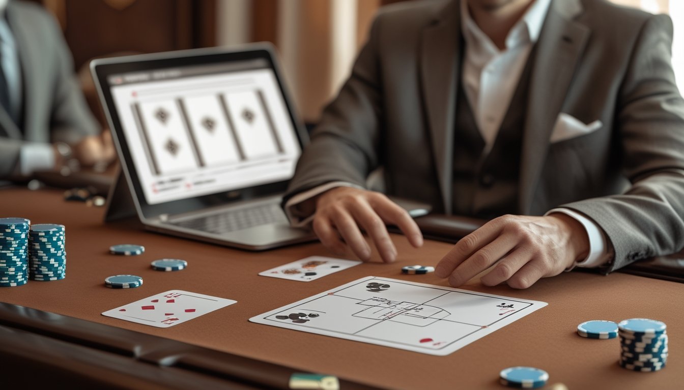 Seorang pemain mempelajari aturan baccarat di dekat meja kartu dan perangkat digital.