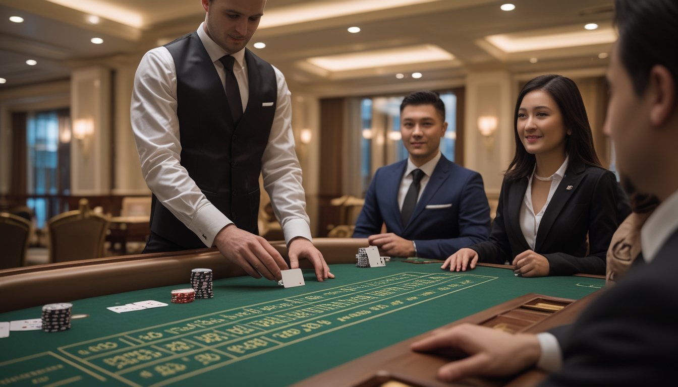 Seorang dealer membagikan kartu baccarat di meja sementara dua pemain mengamati.