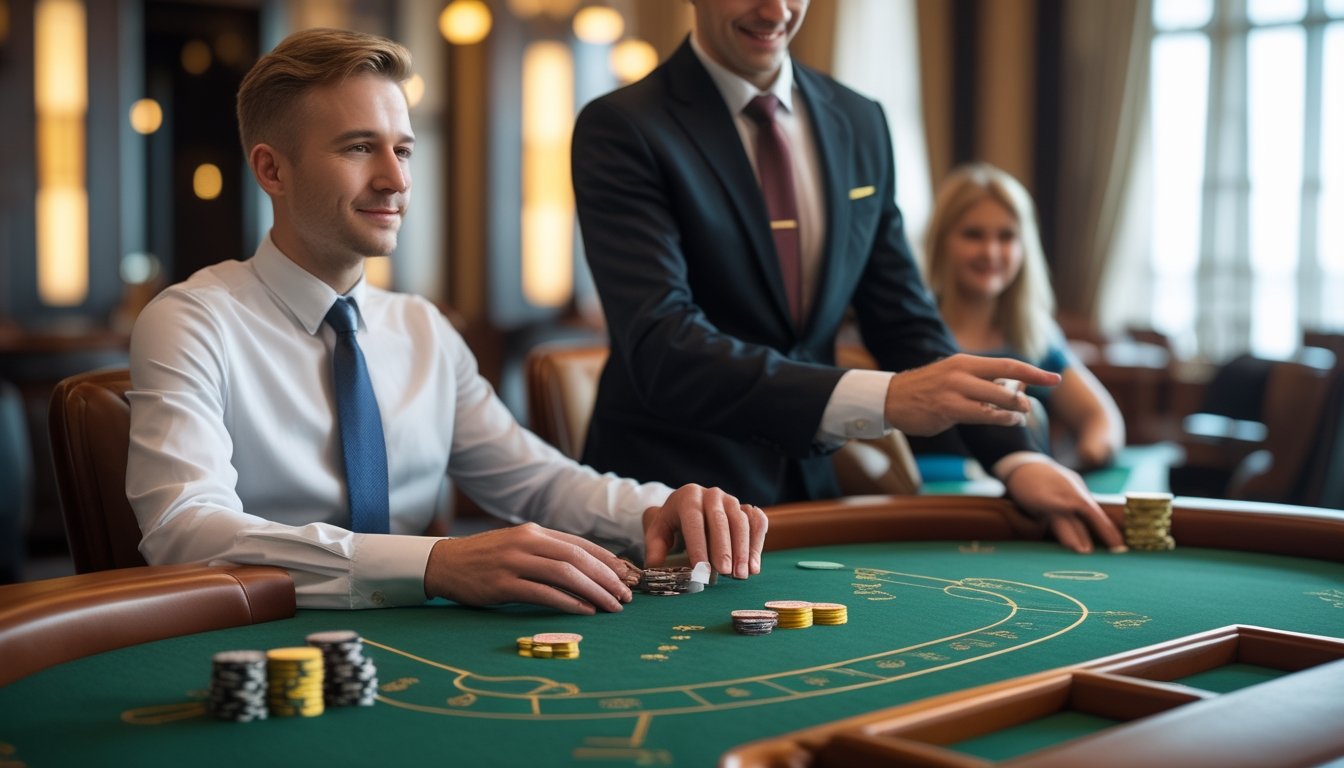 Seorang pemain pemula memperhatikan kartu di meja baccarat saat dealer menjelaskan permainan.